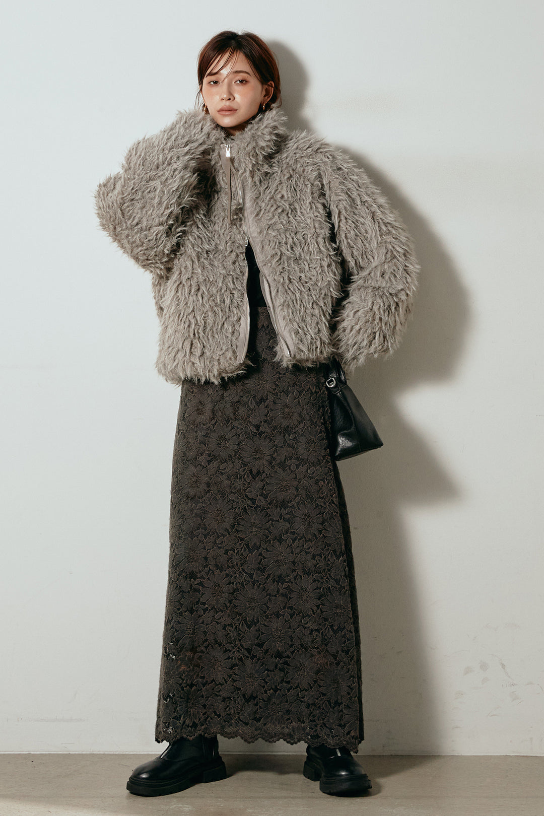 [SET]ミックスシープファースタンドブルゾン+花柄刺繍ベロアフレアスカート(2set)