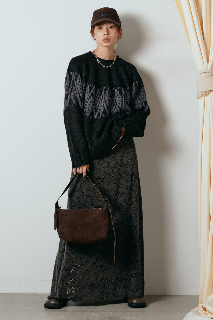 [SET]モノトーン柄ニットトップス+花柄刺繍ベロアフレアスカート(2set)