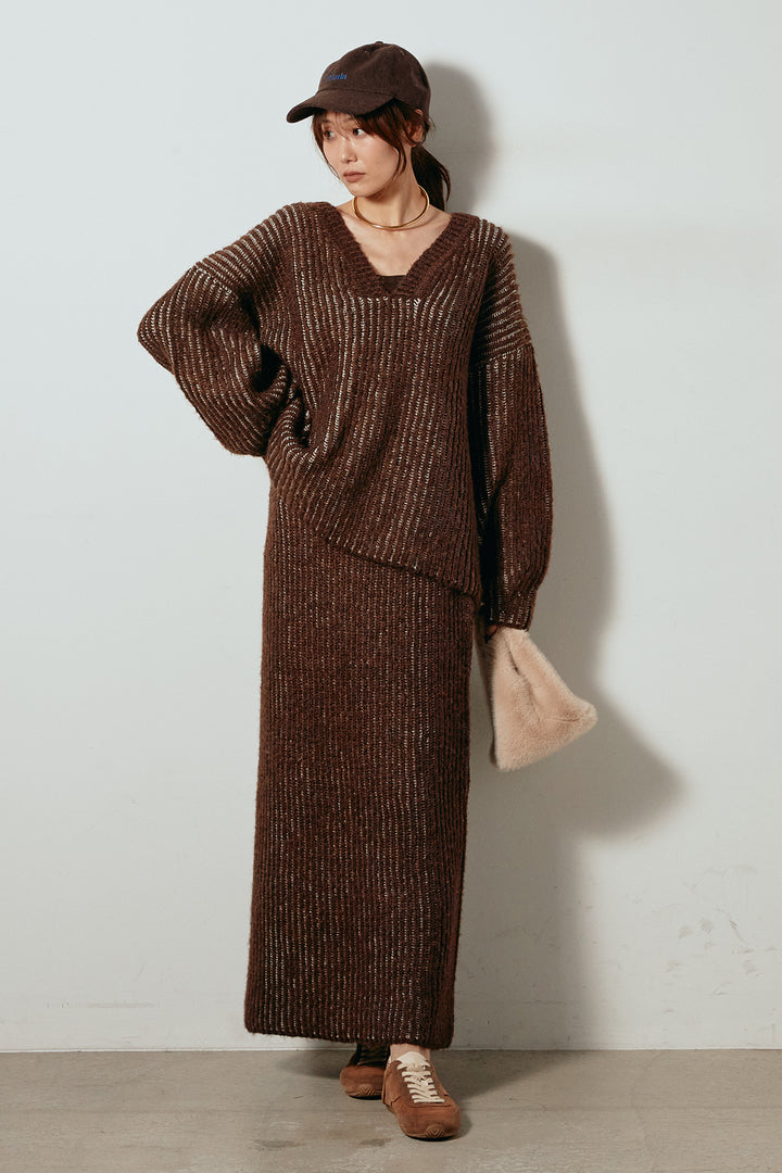 [SET]アルパカタッチ深Vニットトップス+アルパカタッチニットタイトスカート(2set)