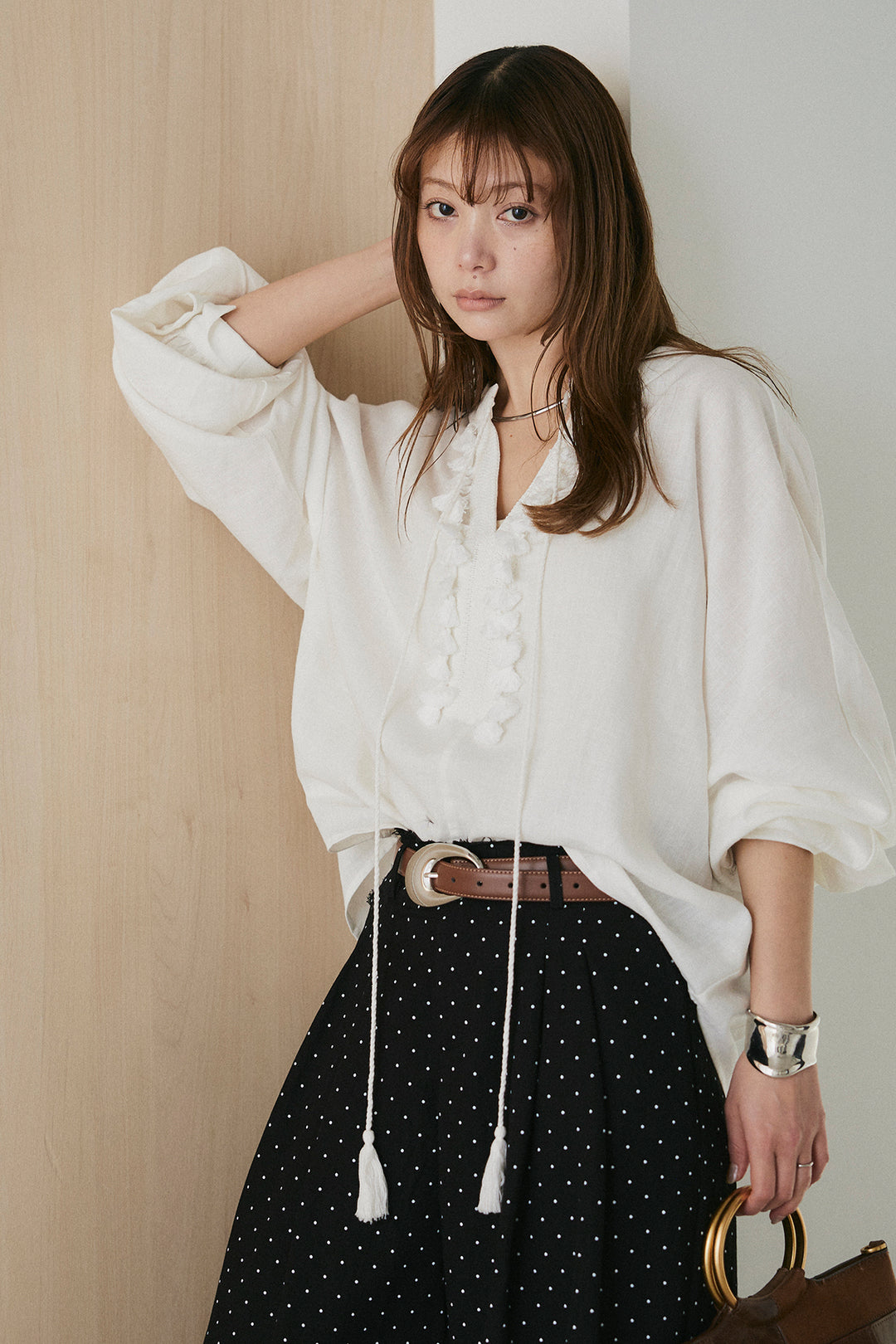 [SET]フロントタッセル付きブラウス+ミニドットタックワイドパンツ(2set)