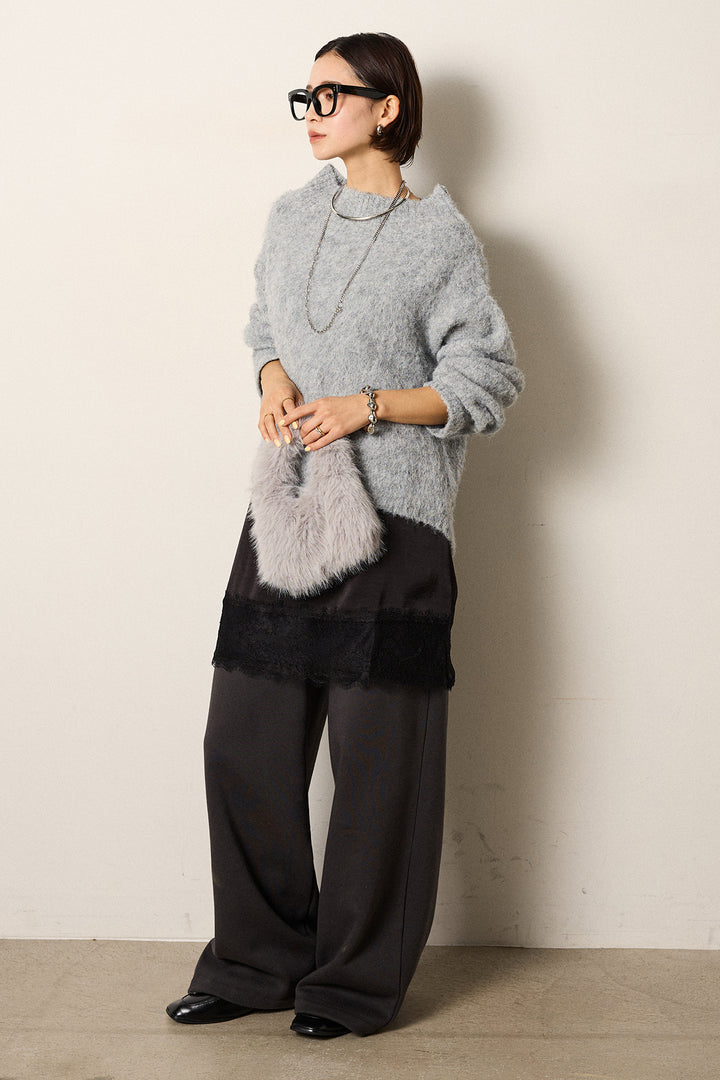 [SET]アルパカタッチオフショルニット+裏起毛スウェットワイドパンツ(2set)