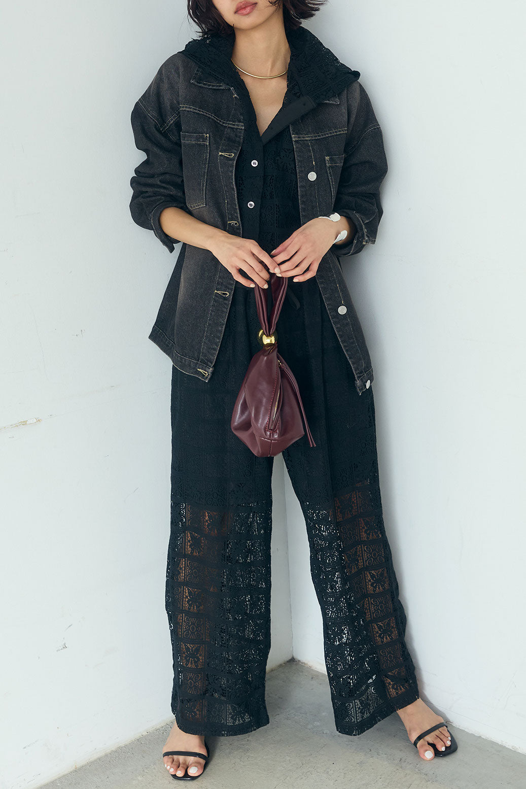 [SET]デニムオーバーサイズジャケット+パッチワークレースイージーパンツ+パッチワークレースショート丈フードシャツ(3set)