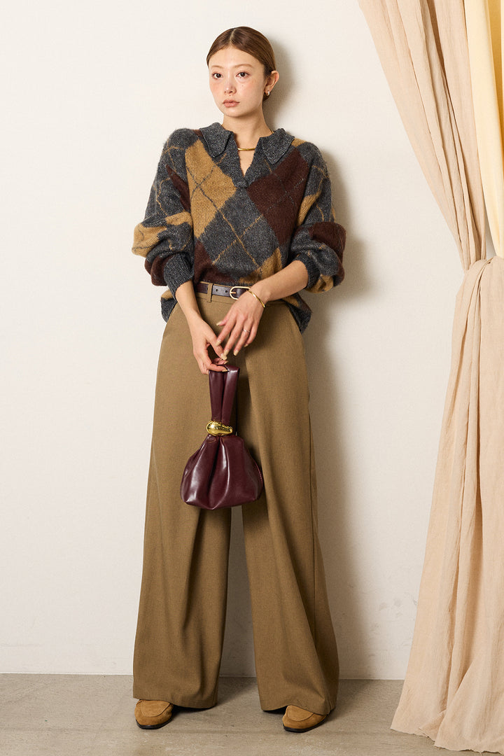[SET]アクリルモヘアアーガイルキーネックプルオーバー+フロントワイドタックネップ入ワイドパンツ(2set)