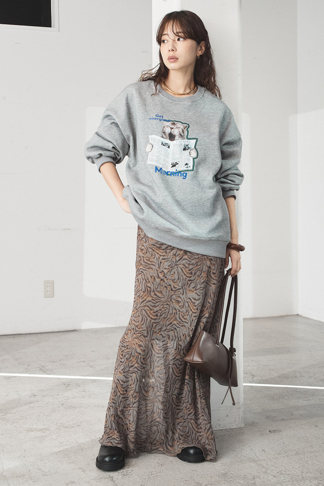 [SET]裏起毛モーニングキャットプリントスウェット+抽象柄ロングスカート(2set)