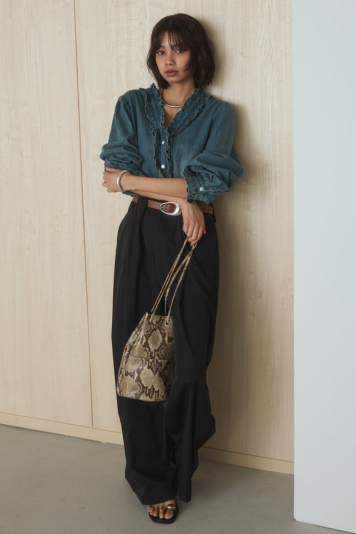 [SET]Vネックデニムフリルトップス+ベルトループデザインハイウエストタックパンツ(2set)