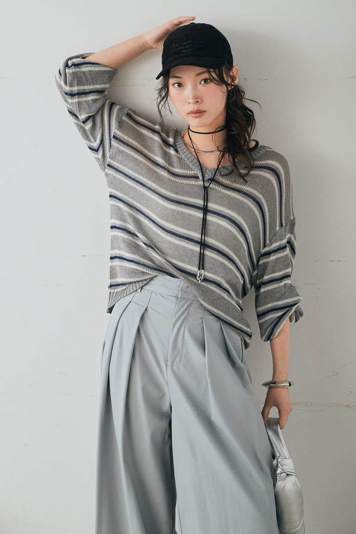 [SET]綿タッチVネックボーダートップス+ウォッシャブルエコレザータックパンツ(2set)