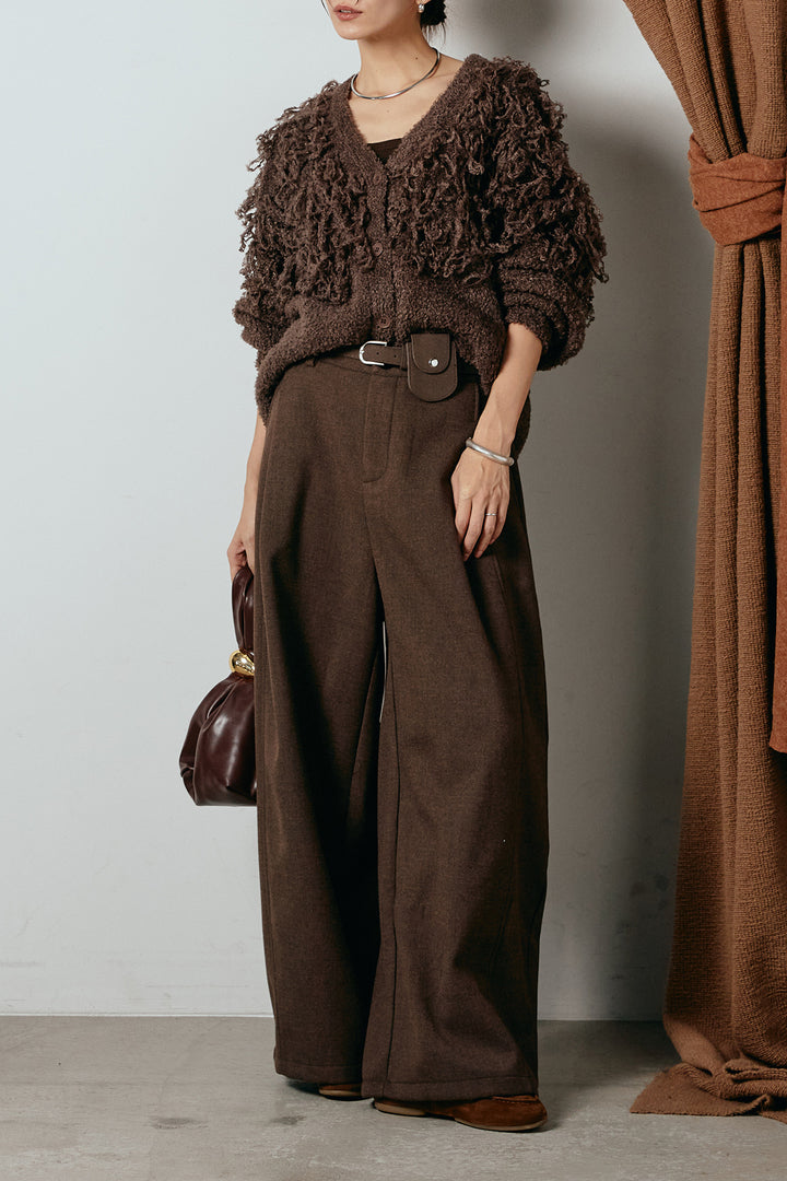 [SET]ループ編みVネックニットカーディガン+ポーチベルト付きカーブパンツ(2set)