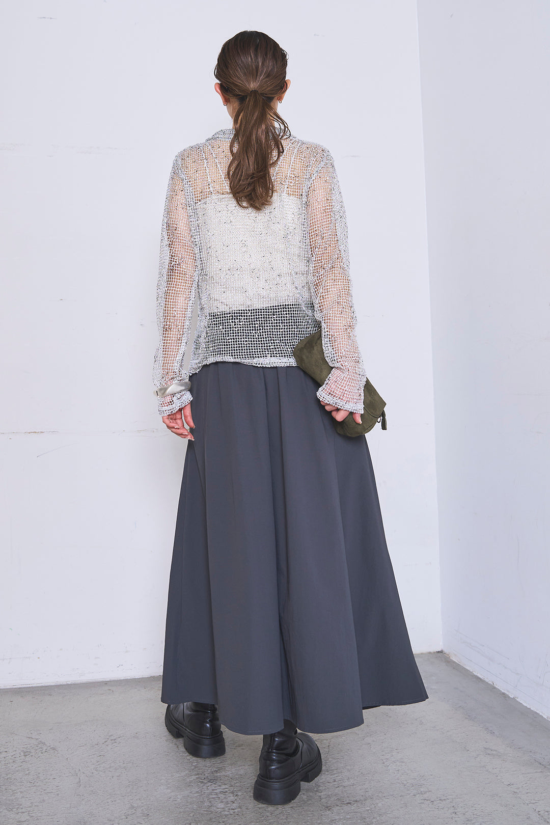 [SET]ネップメッシュポロ襟カーディガン+ラップレイヤードアシンメトリーデザインスカート(2set)