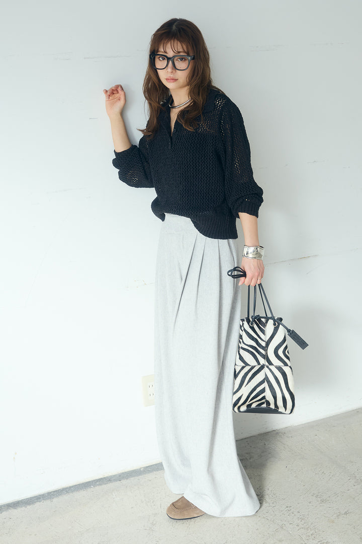 [SET]ミックスメッシュポロニット+麻混タックワイドパンツ(2set)