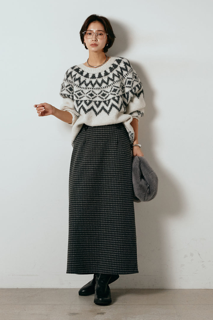 [SET]ノルディック柄Uネックプルオーバー+スエード調ベルト付きチェックナロースカート(2set)