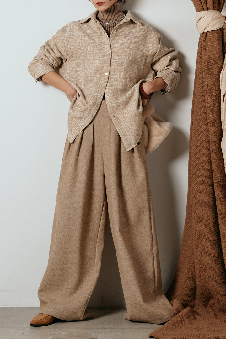 [SET]ルーズクラッシュツイルシャツ+サイドボタンツイードタックパンツ(2set)