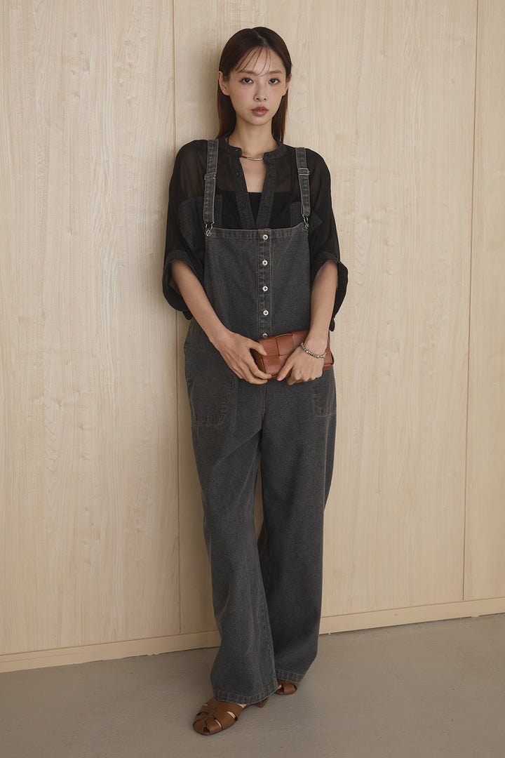 [SET]デニムライクビッグツーポケシアーシャツ+フロントボタンデニムサロペット(2set)