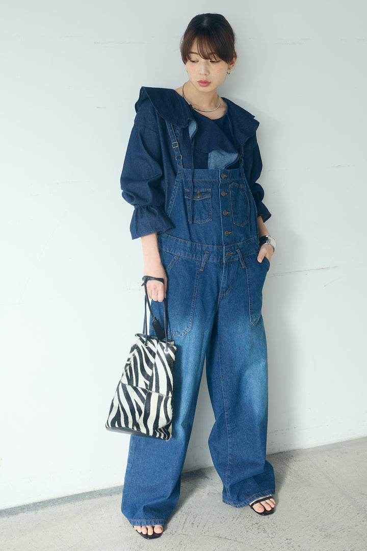 [SET]デニムフリルブラウス+デニムサロペットワイドパンツ(2set)