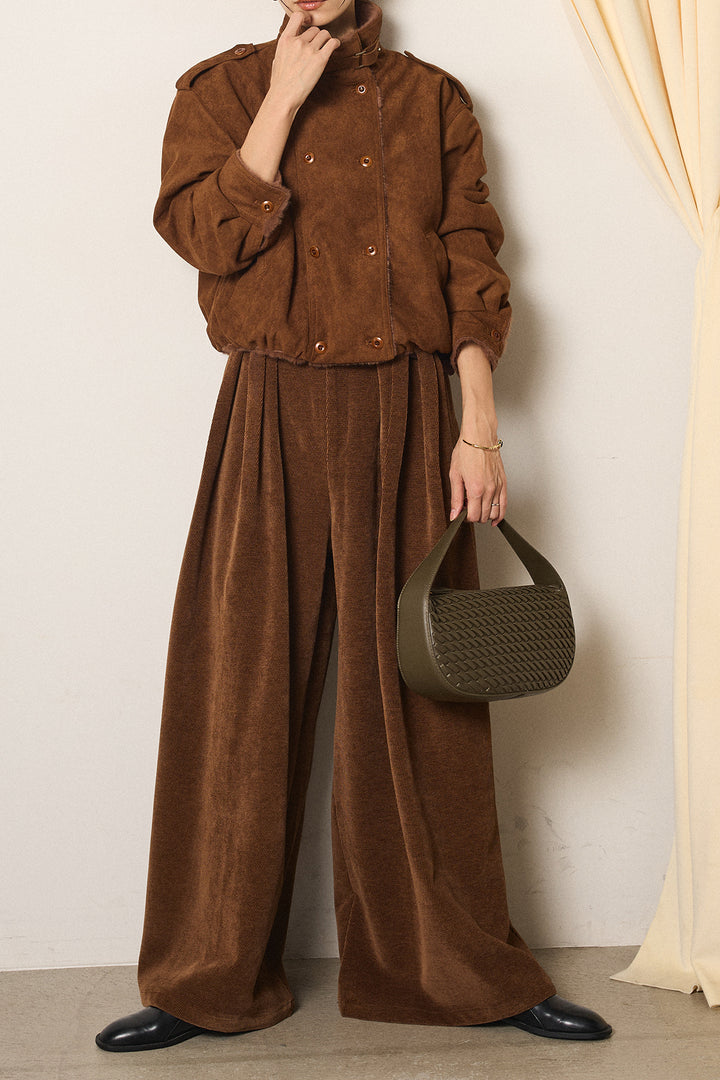[SET]スタンド襟スウェードライクアウター+ベルトループコーデュロイワイドパンツ(2set)