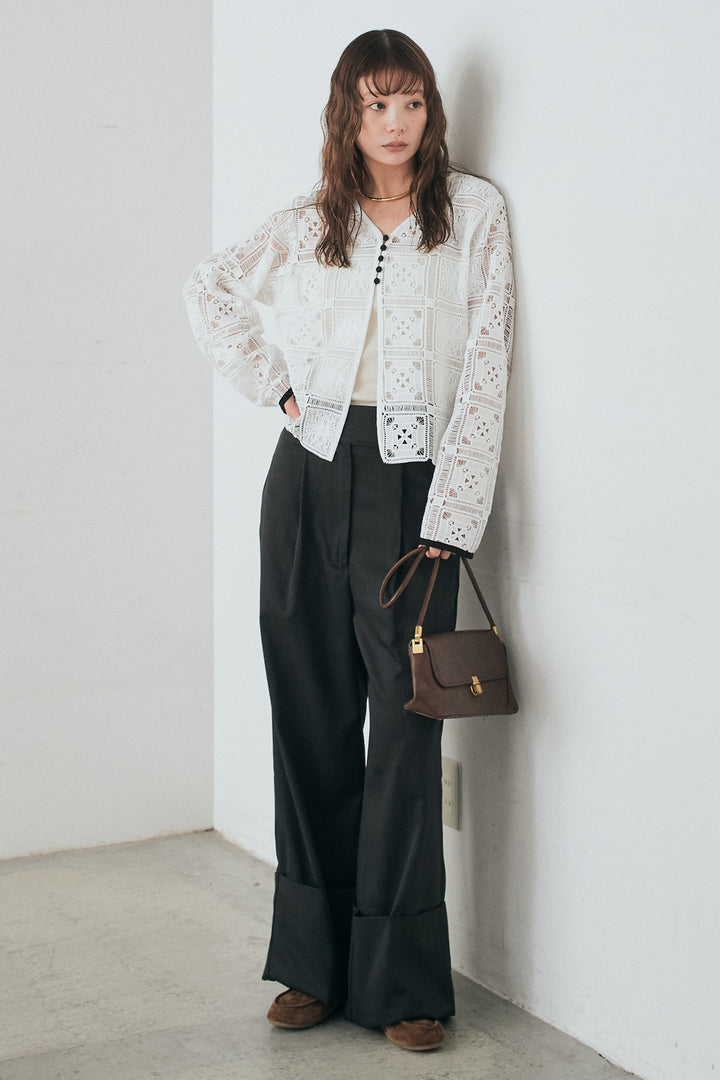 [SET]クロシェレースカーディガン+センタープレスセミワイドパンツ(2set)