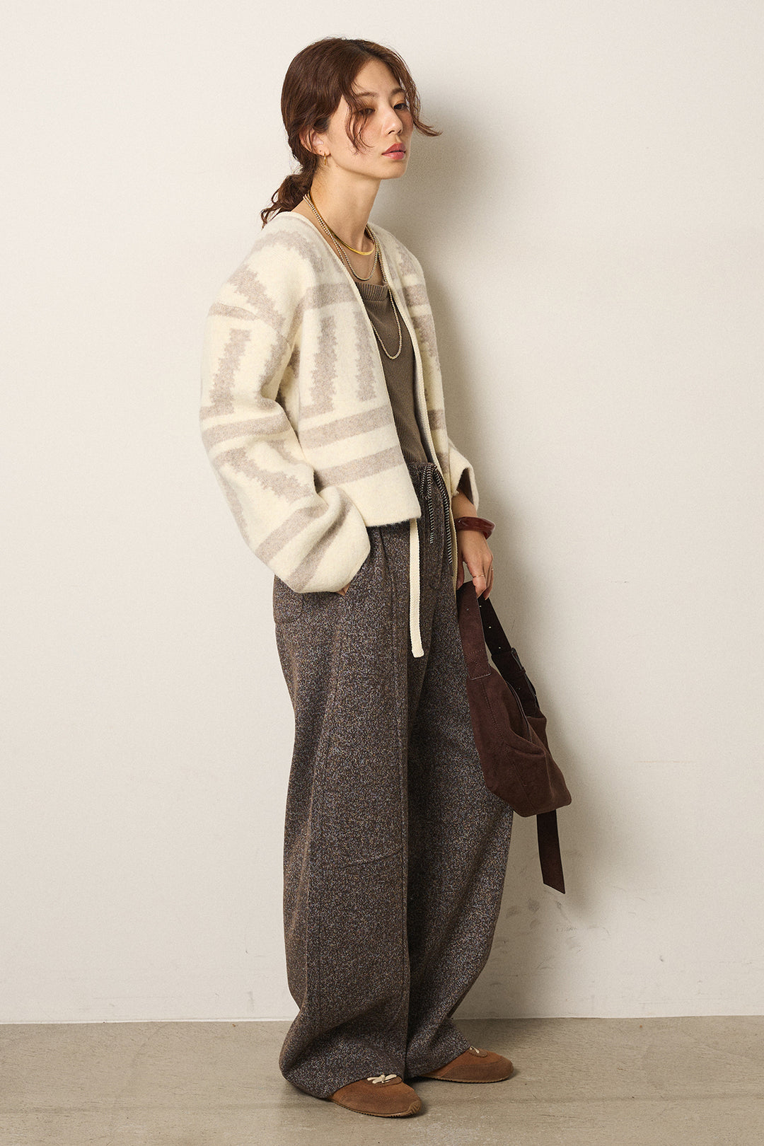 [SET]幾何学柄ノーカラーカーディガン+杢ニットフレアパンツ(2set)