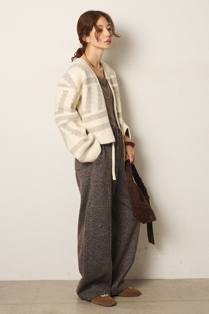 [SET]幾何学柄ノーカラーカーディガン+杢ニットフレアパンツ(2set)