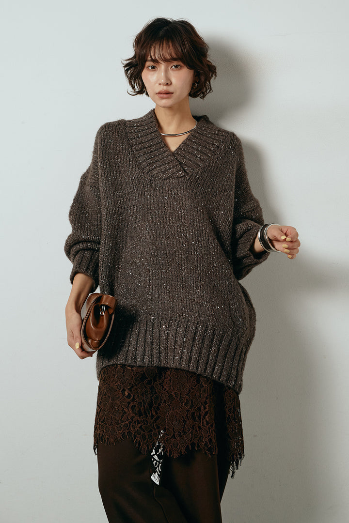 [SET]Vネックラメニットトップス+レース刺繍レイヤードフレアパンツ(2set)