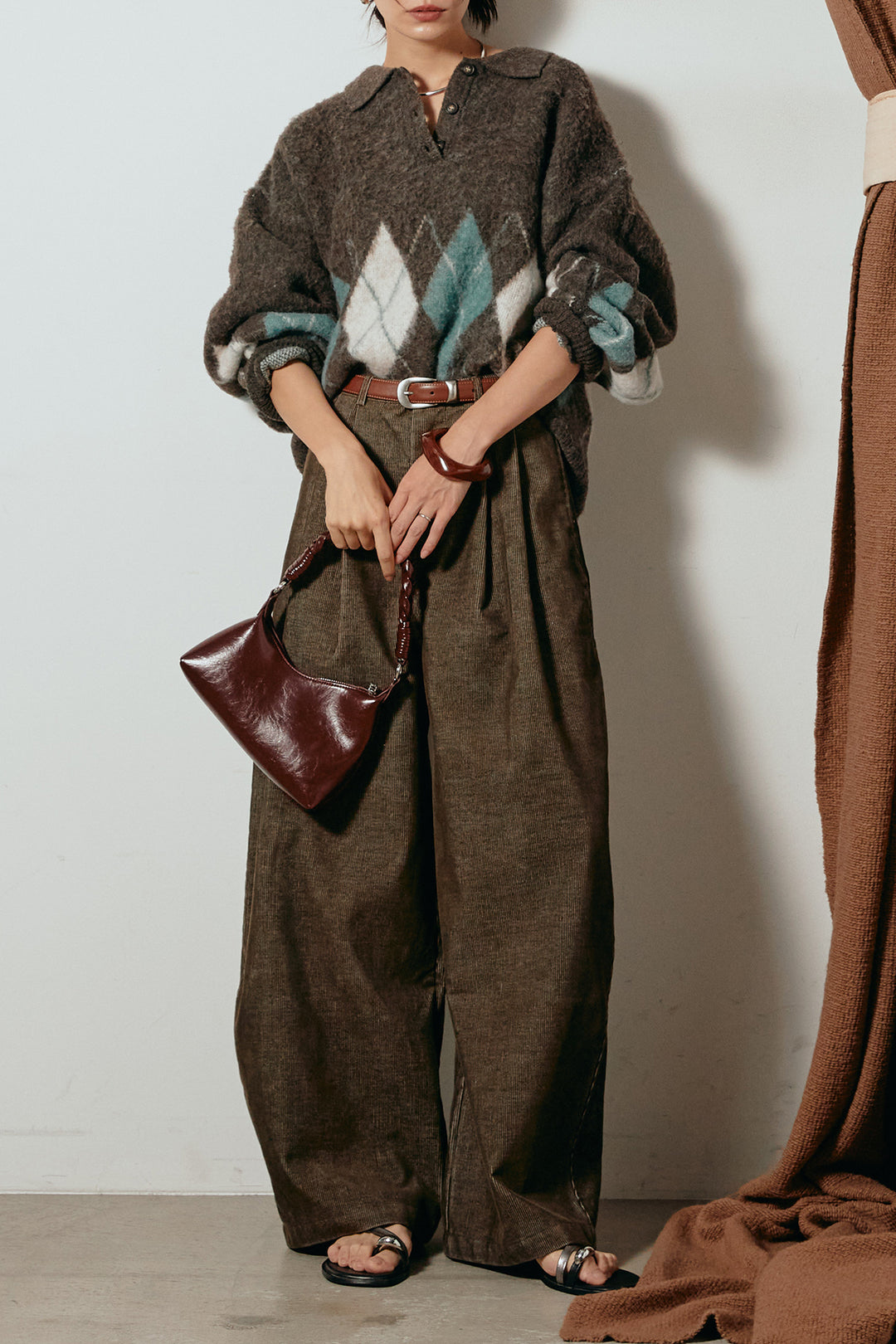 [SET]アーガイル柄ポロニットトップス+フロントタック入りコーデュロイパンツ(2set)