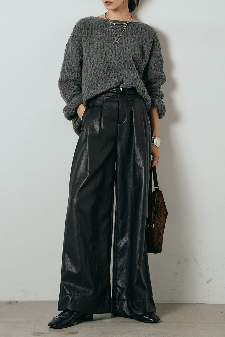 [SET]ボリューム編みニットプルオーバー+ベルト付きレザーライクタックパンツ(2set)