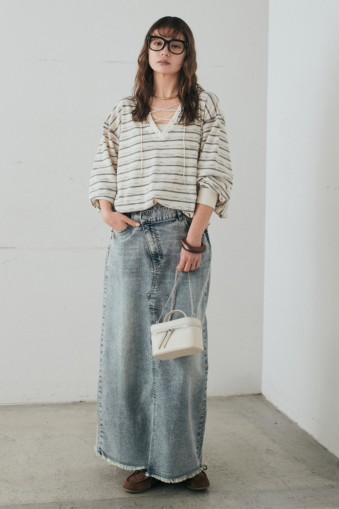 [SET]レースアップワッフルボーダートップス+ウエストクロスデニムタイトスカート(2set)