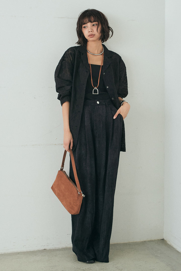 [SET]刺繍シアーオープンカラーシャツ+リネン混かすれ柄ワイドパンツ(2set)