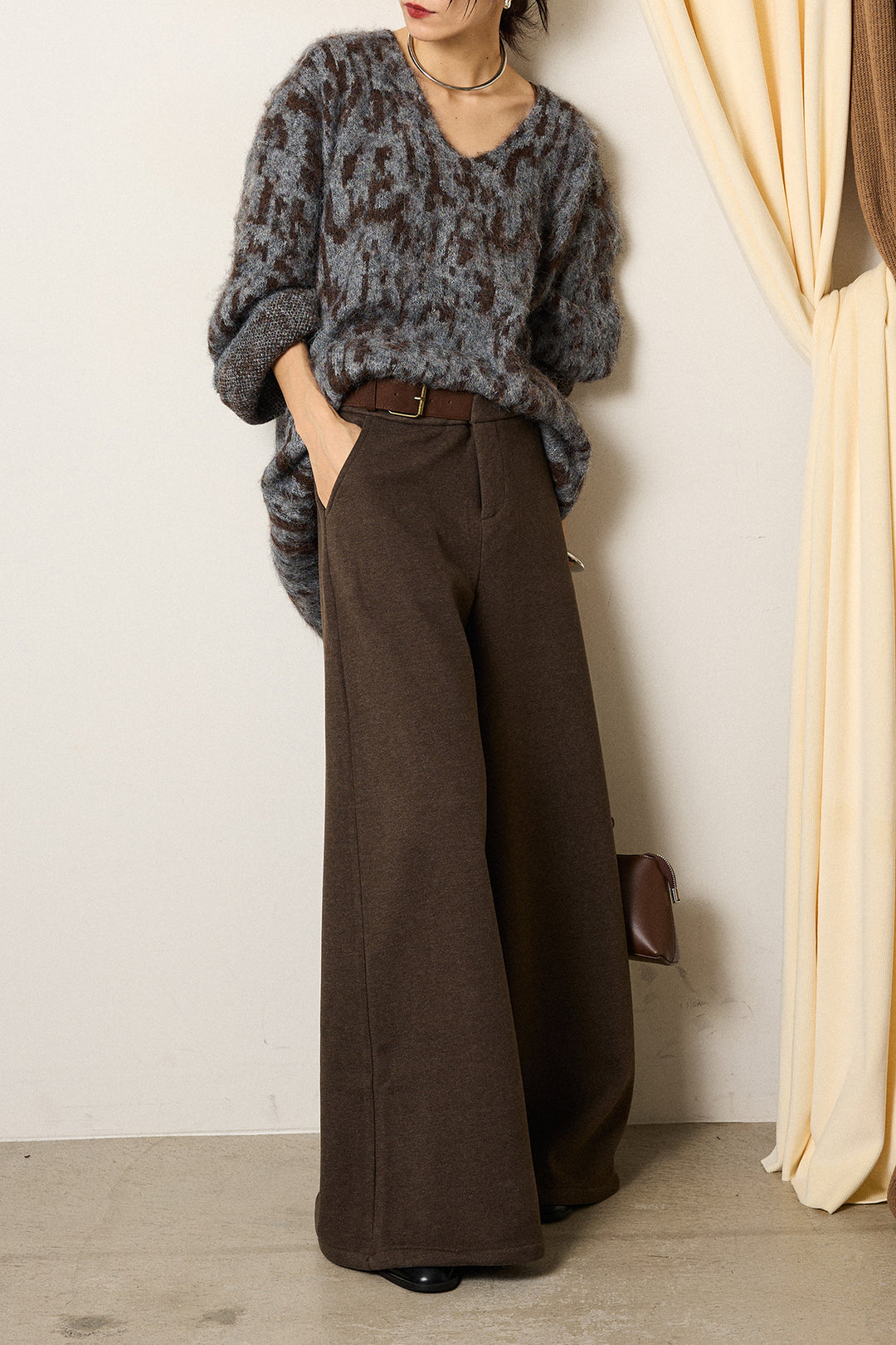 [SET]フラッフィーレオパードシャギーニット+サイドベルトパンツ(2set)