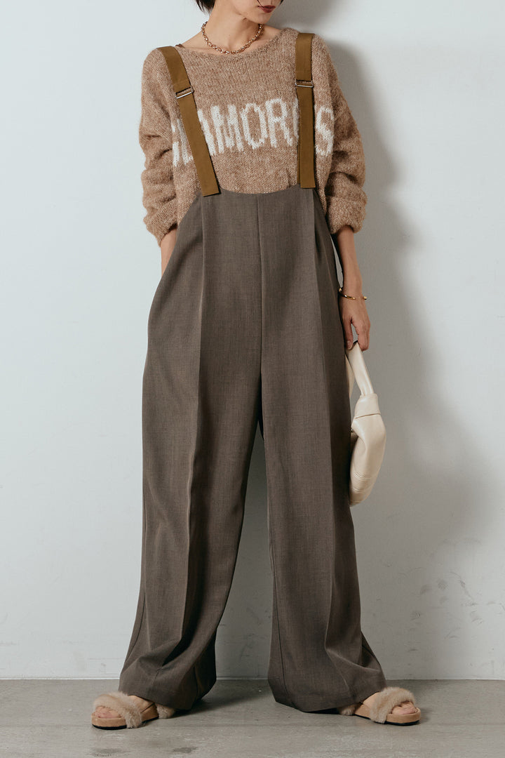 [SET]フロントロゴデザインニットトップス+ワイドツイルサロペット(2set)