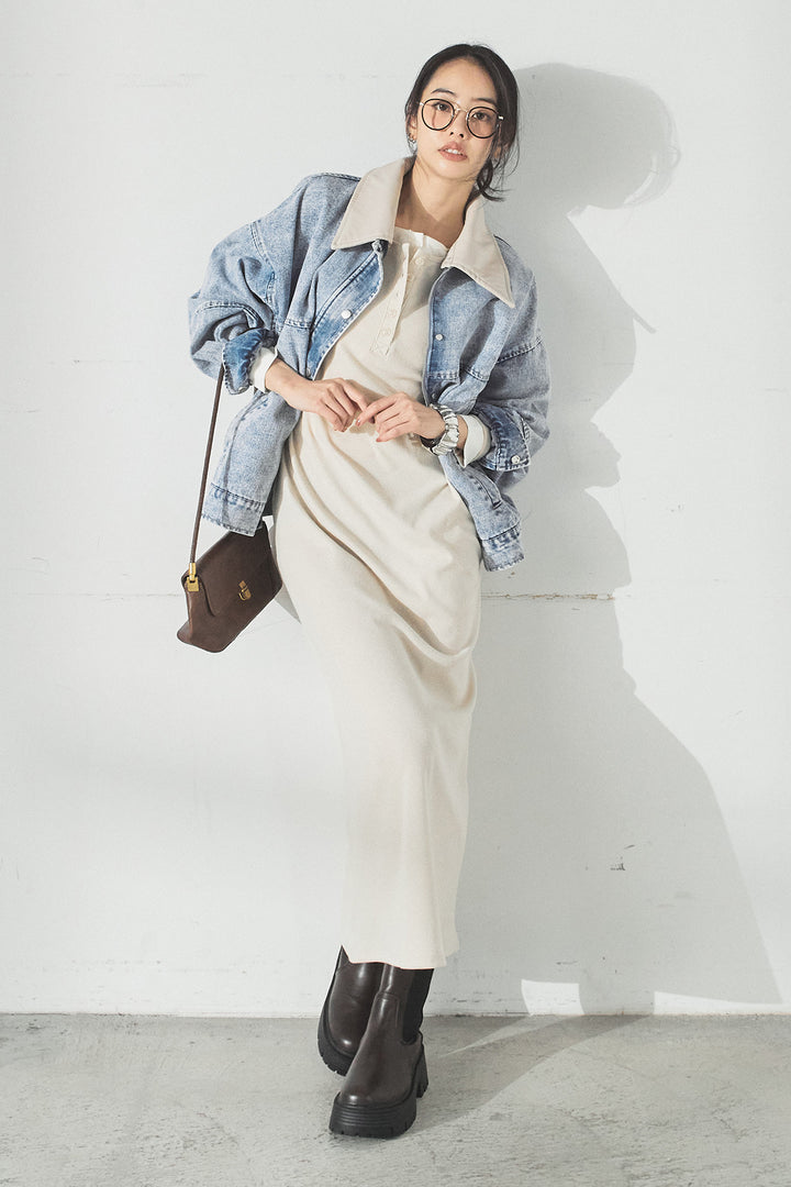 [SET]加工デニムレザー襟付きデニムブルゾン+カットリブレイヤードヘンリーネックワンピース(2set)