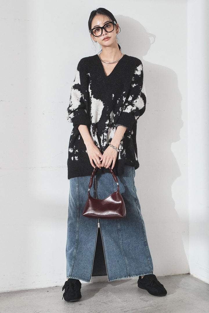 [SET]アブストラクト柄ニットプルオーバー+フロントジップデニムスカート(2set)