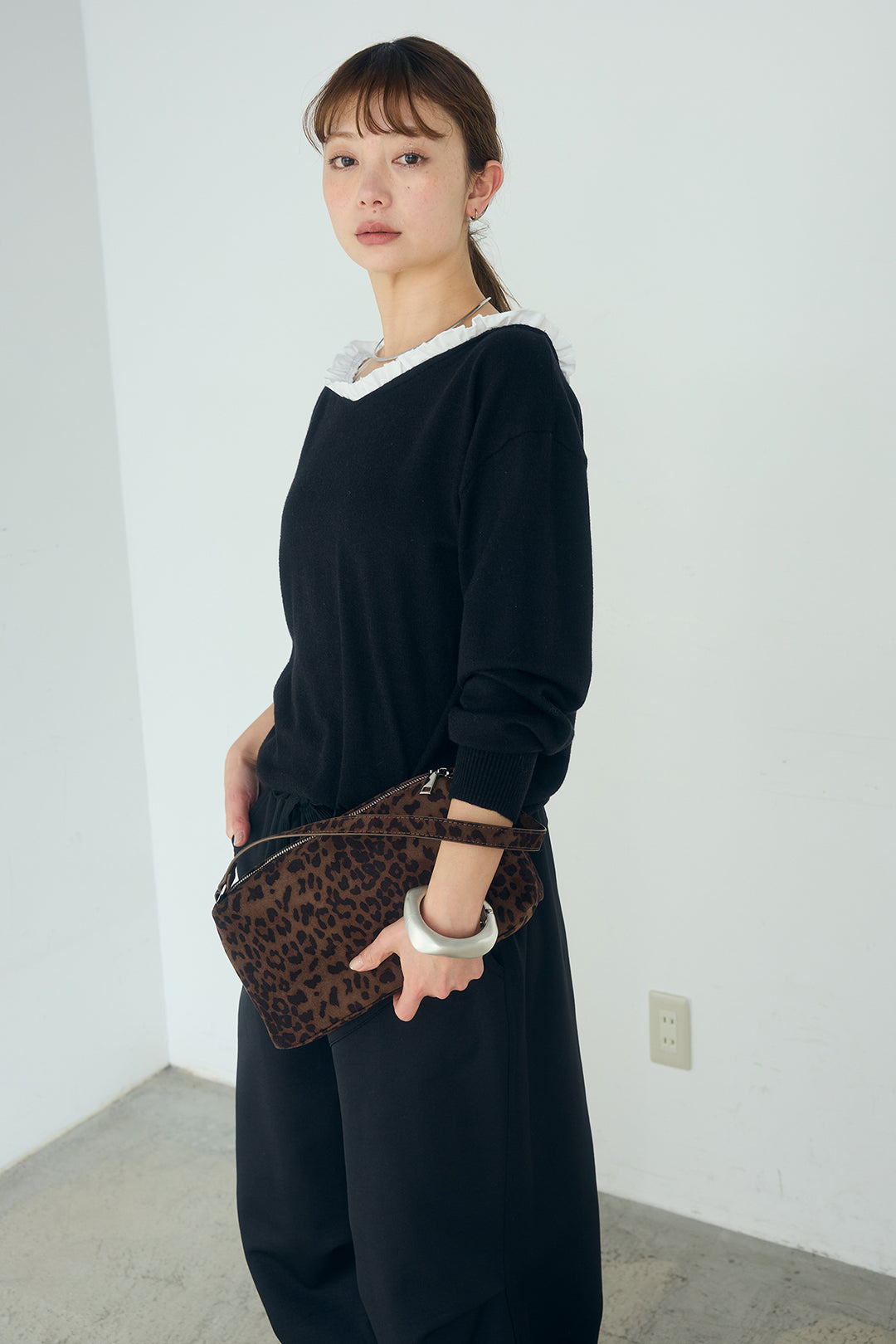 [SET]クールクール異素材コンビオフショルプルオーバー+ランダムタックデザインワイドパンツ(2set)