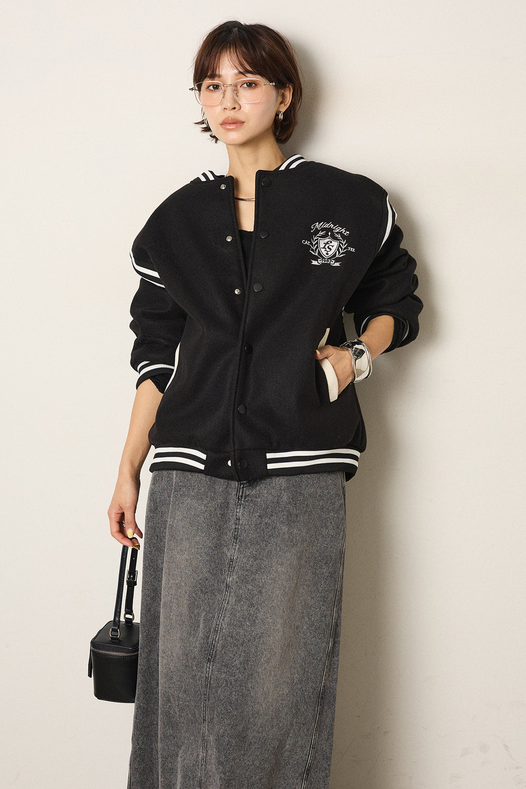 [SET]ワンポイントデザインブルゾン+デニムロングフレアスカート(2set)