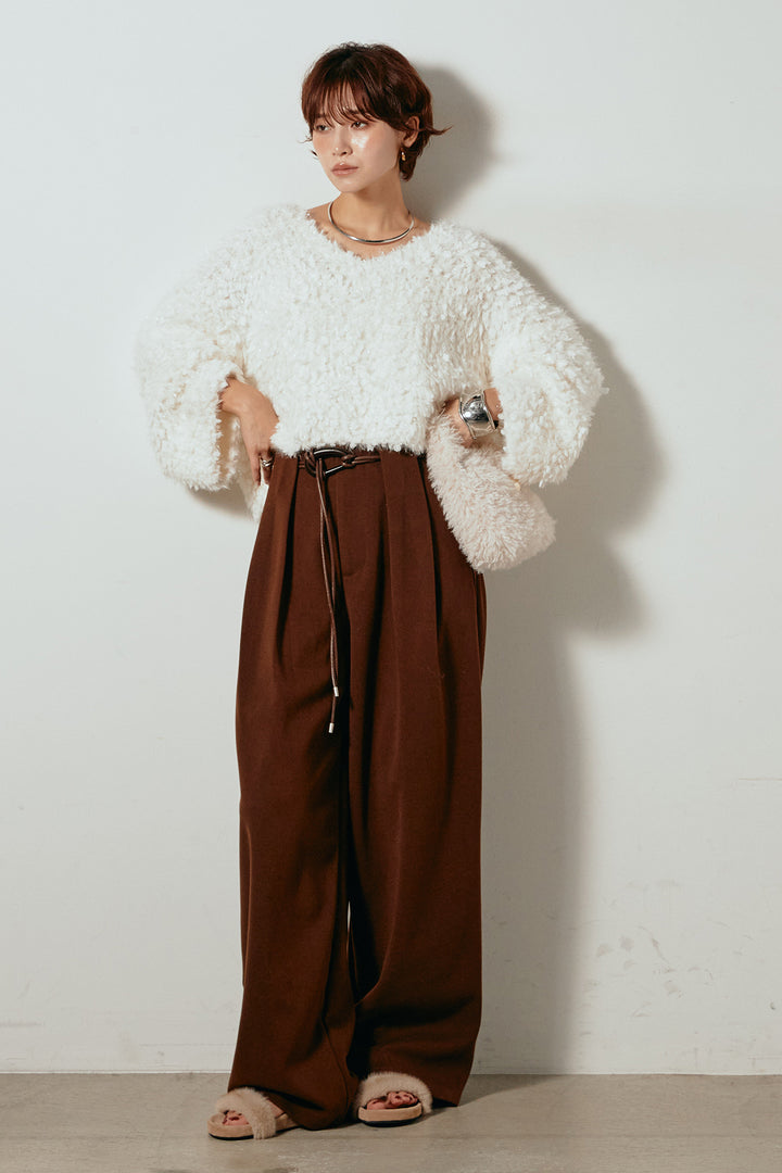 [SET]深Vネックチョウチョヤーンニットトップス+細フェイクレザーベルト付きワイドタックパンツ(2set)