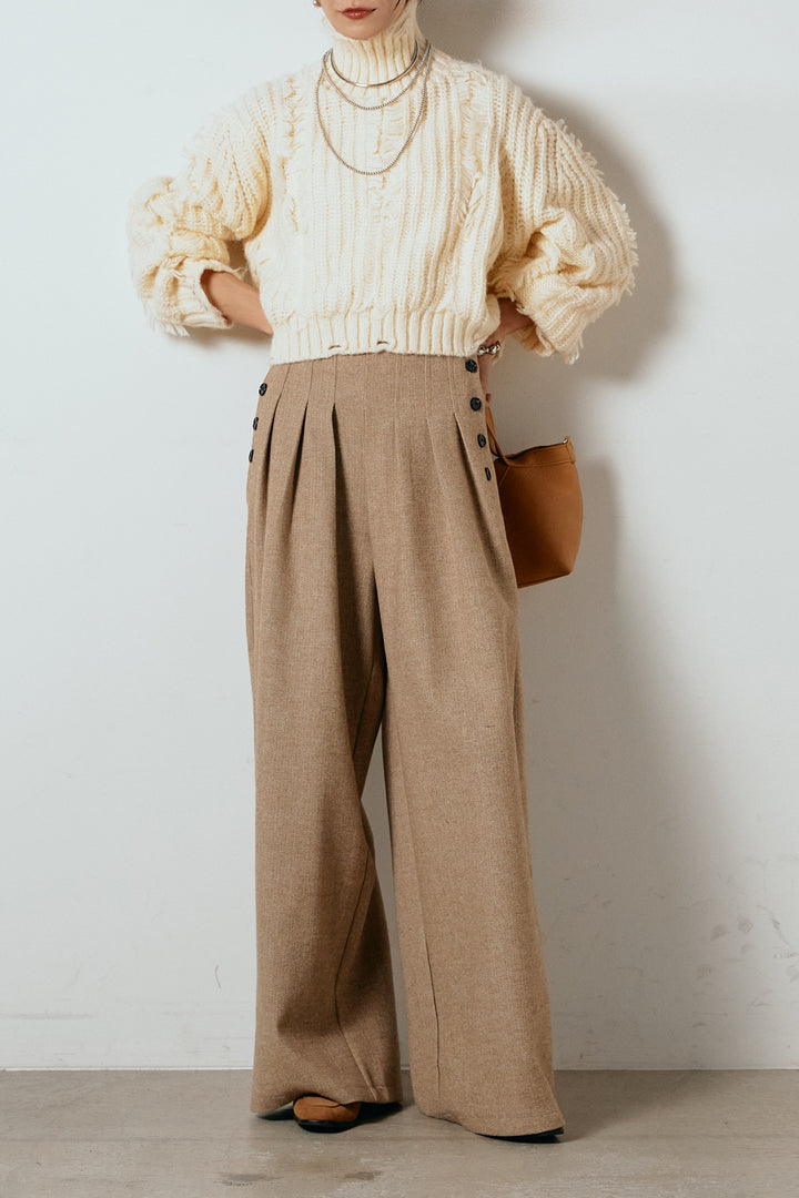 [SET]フリンジタートルショートニット+サイドボタンツイードタックパンツ(2set)