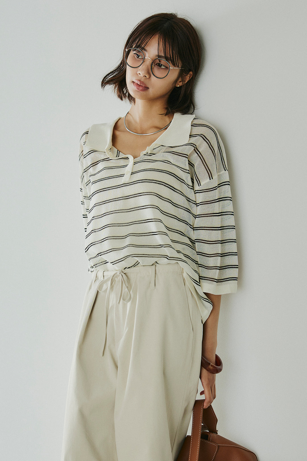 [SET]ボーダーニットポロシャツ+ニーサイドタックウエストドロスパンツ(2set)