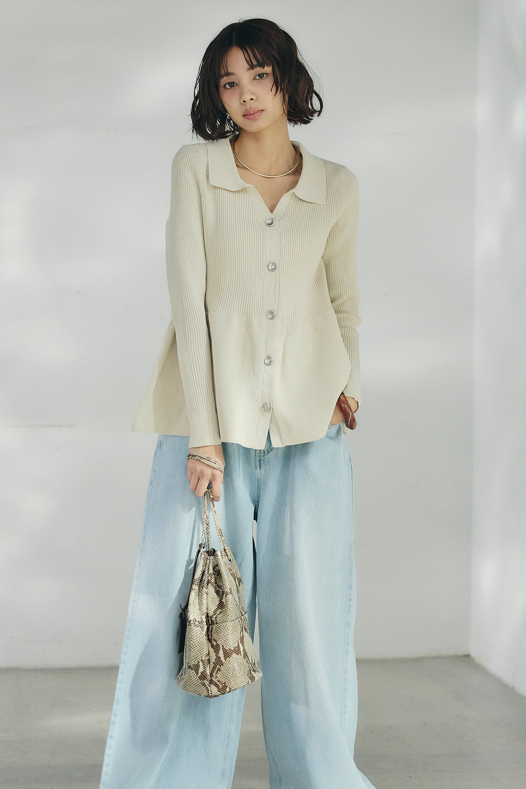 [SET]スキッパーペプラムニット+ウエスト裁ち切りデニムワイドパンツ(2set)