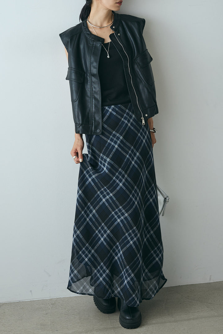 [SET]バンドカラーフェイクレザーベスト+マルチ柄シアースカート(2set)