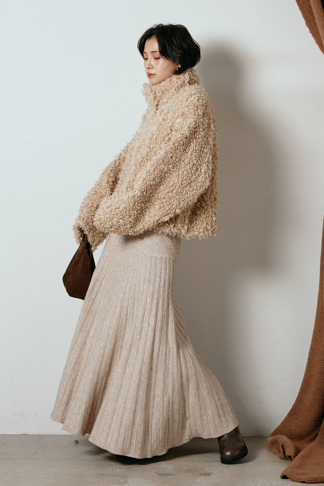 [SET]プードルファーミドルジャケット+編み地切り替えフレアニットスカート(2set)