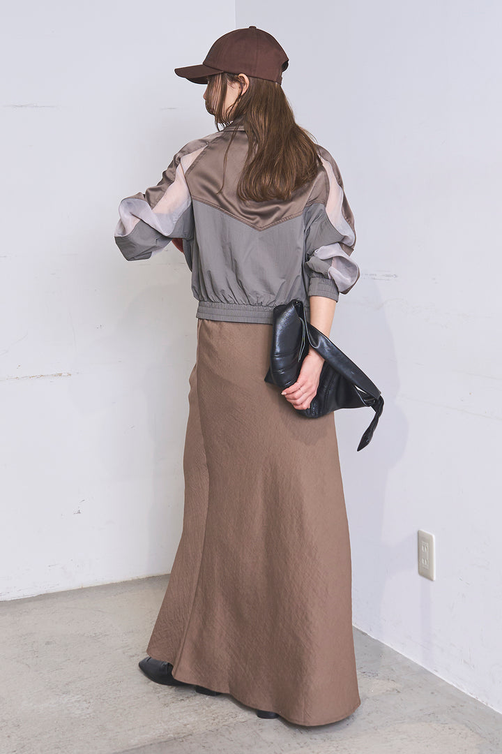 [SET]異素材切替ZIPブルゾン+リネンブレンドロングナロースカート(2set)