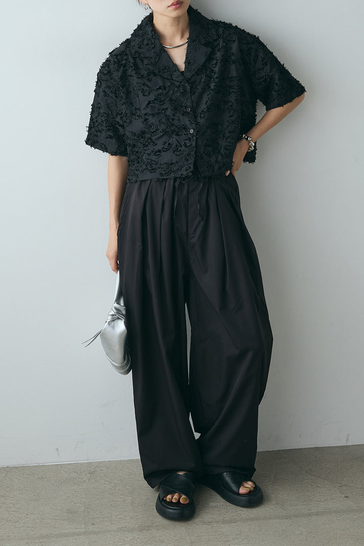 [SET]半袖オープンカラージャガード柄シャツ+タックワイドリラックスパンツ(2set)