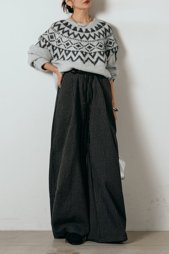 [SET]ノルディック柄Uネックプルオーバー+レザーライク配色ストライプパンツ(2set)