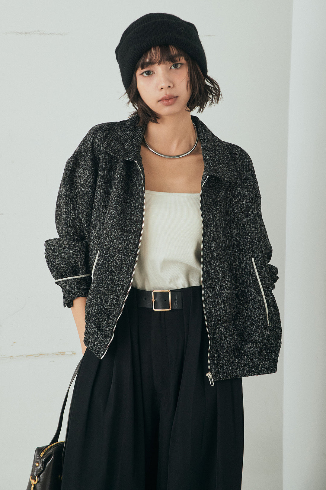 [SET]ツイード配色パイピングブルゾン+ベルト付きタックデザインハイウエストロングパンツ(2set)