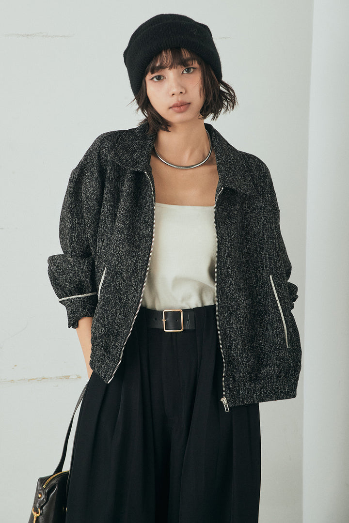[SET]ツイード配色パイピングブルゾン+ベルト付きタックデザインハイウエストロングパンツ(2set)