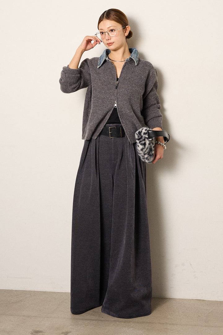 [SET]デニム襟ダブルジップニットトップス+ベルトループコーデュロイワイドパンツ(2set)