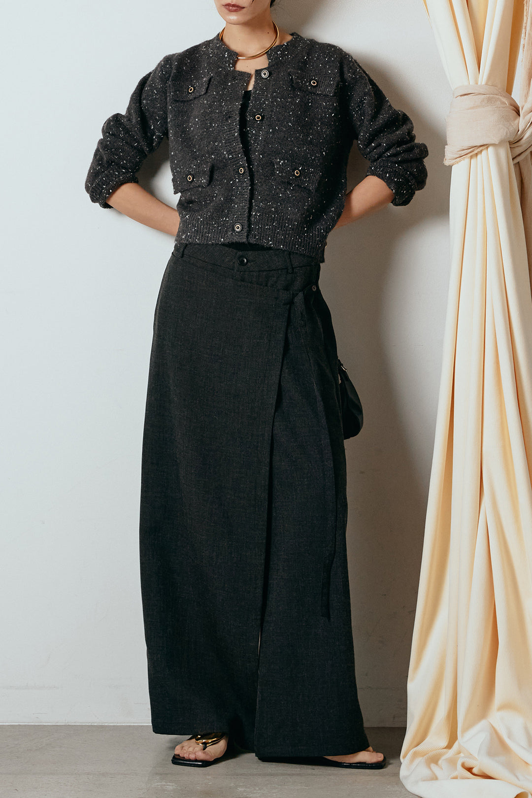 [SET]ネップニットカーディガン+ラップ巻きワイドスラックス(2set)