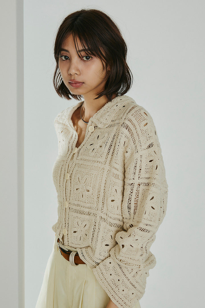 [SET]鍵編みフラワーレースカーディガン+タック入りワイドパンツ(2set)