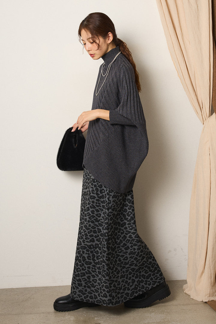 [SET]アシメデザインリブポンチョニットトップス+レオパードロングスカート(2set)