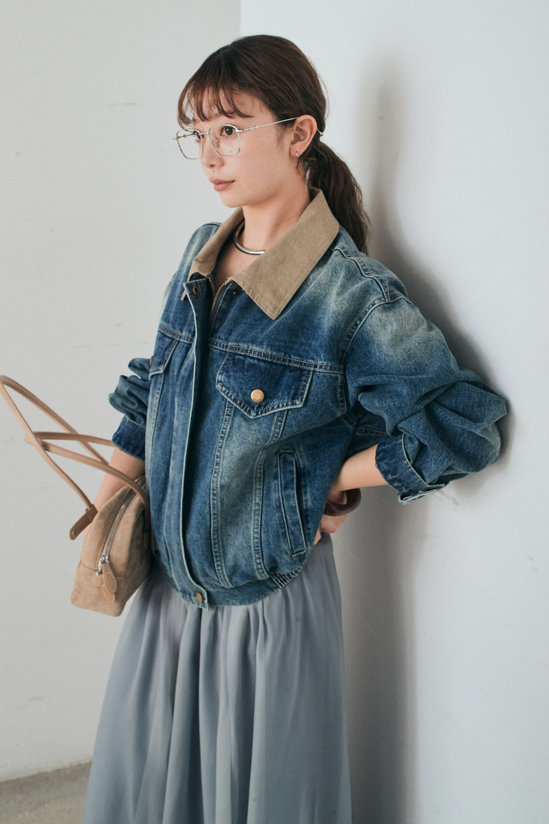 [SET]襟切り替えジップデニムジャケット+リラックスシアーフレアスカート(2set)