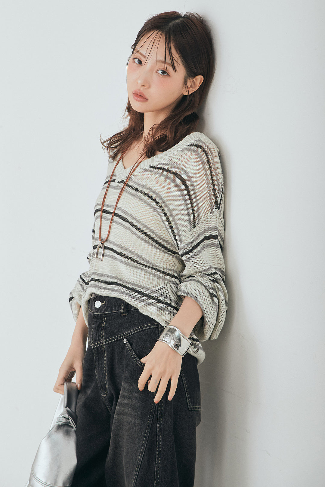 [SET]綿タッチVネックボーダートップス+デニムヨークパンツ(2set)