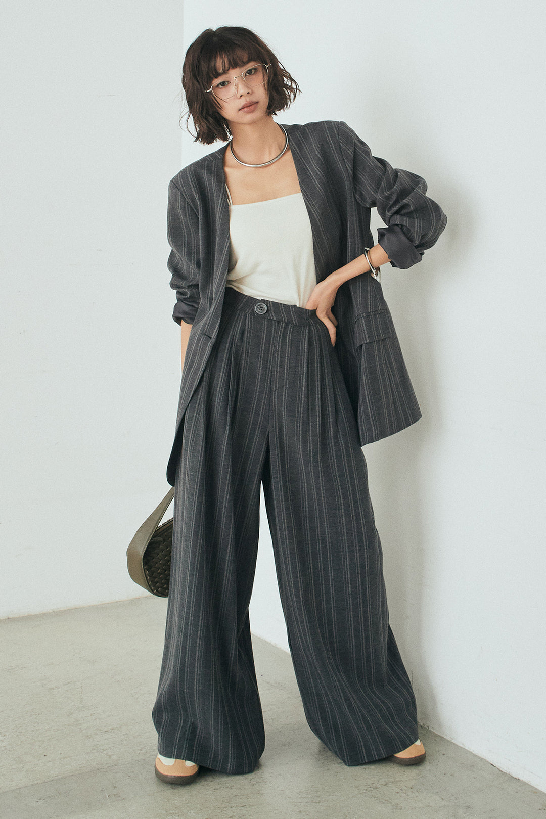 [SET]ノーカラーピンストライプジャケット+ピンストライプワイドスラックス(2set)